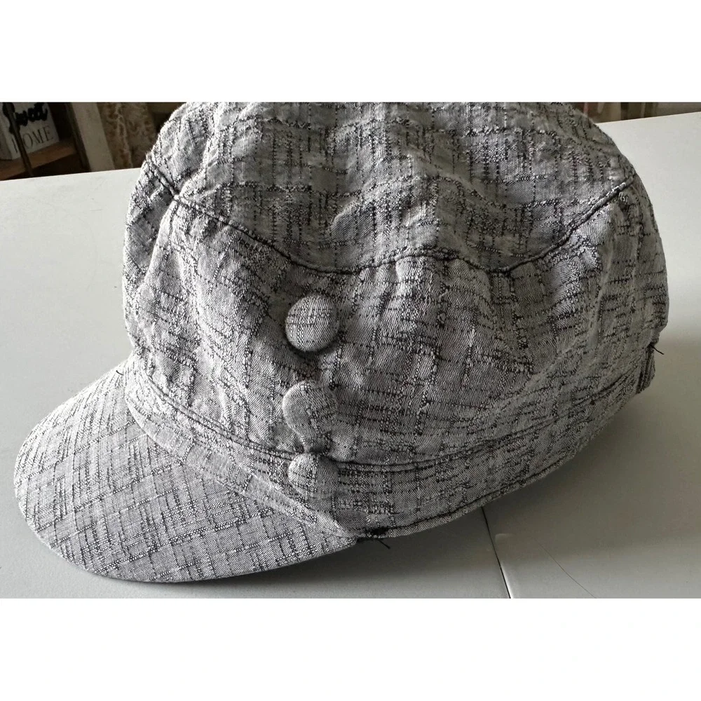 Womens Grey Textured Cadet Cap Military Style Hat with Button Detail